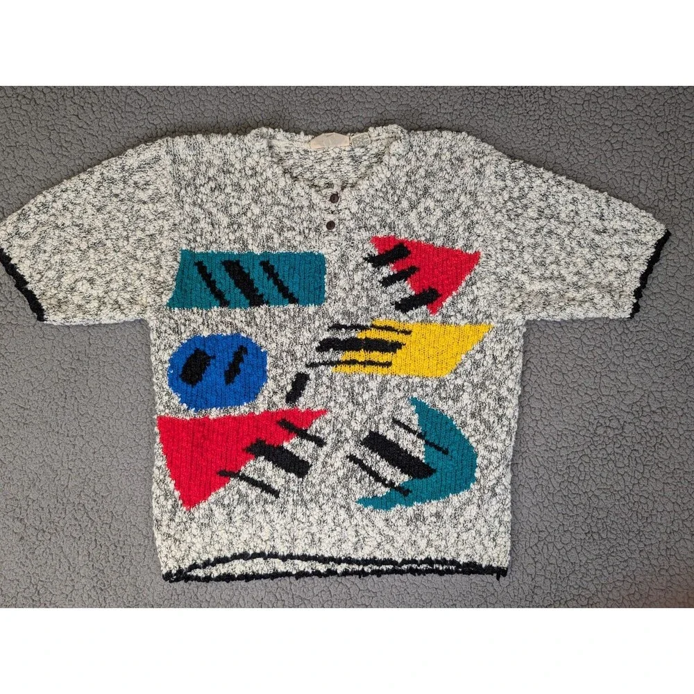 Vintage 80s Retro Knit Geometric Print Sweater Women's Large Sweaters By George